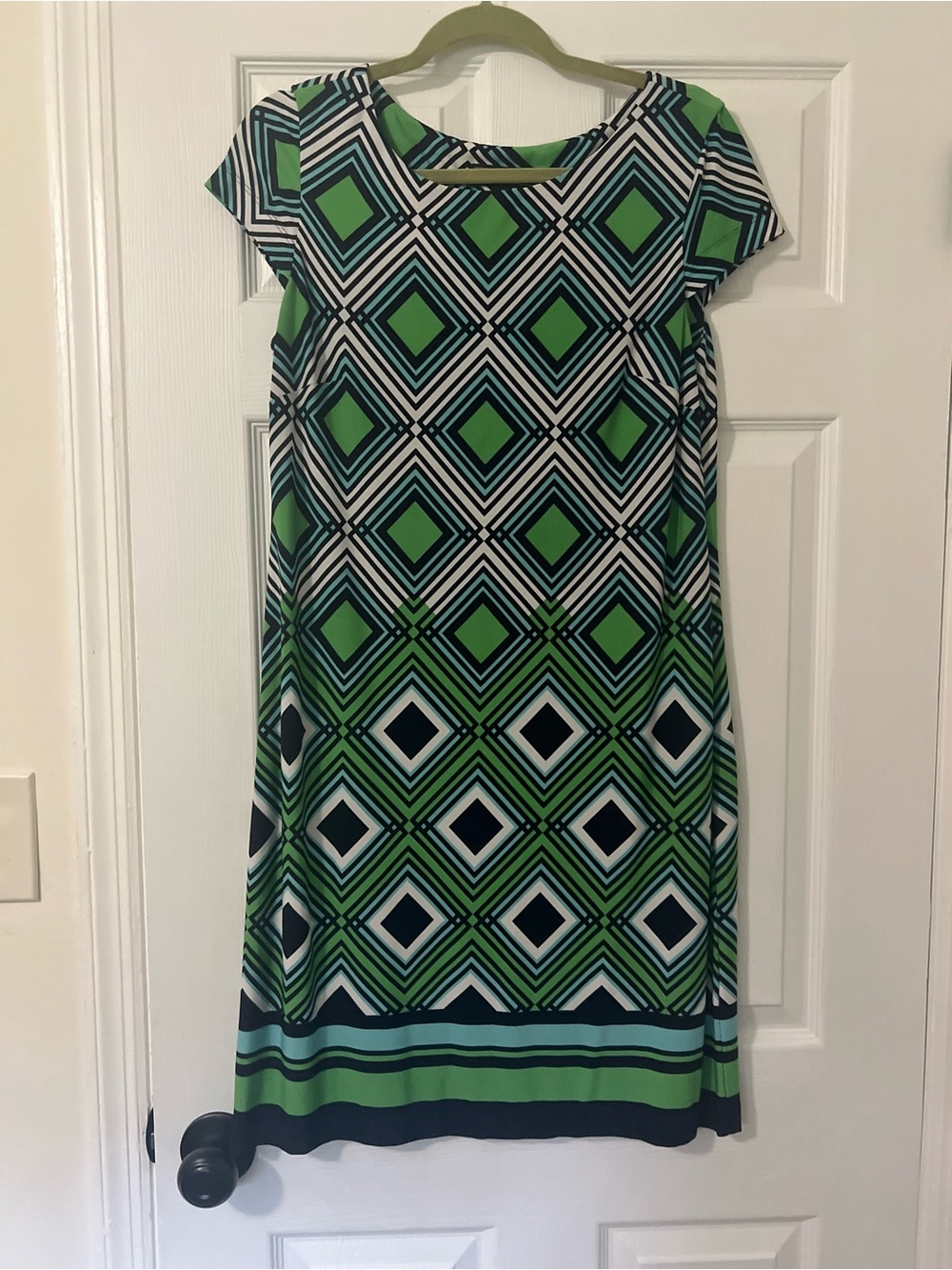 Jessica Howard Green and Navy Geometric Cap-Sleeve Dress